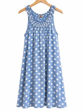 Beyond Capri 100% Linen Polka Dot Midi Dress Blue White Made in Italy
